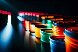 a row of colorful plastic containers. AI-Generated photo