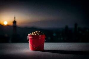 a red bucket filled with peanuts on a table. AI-Generated photo