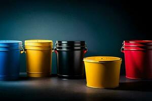 a group of four colorful buckets on a dark background. AI-Generated photo