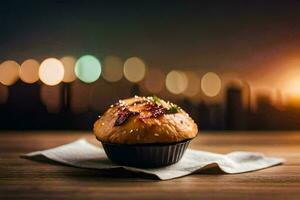 a muffin on a table with a cityscape in the background. AI-Generated photo