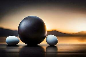 three eggs are sitting on a table with a sunset in the background. AI-Generated photo