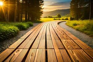 a wooden walkway in the middle of a field. AI-Generated photo