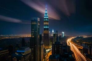 el ciudad horizonte a noche con el petronas torre en el primer plano. generado por ai foto