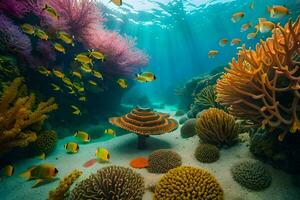 an underwater scene with colorful corals and fish. AI-Generated photo