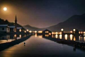 un de luna noche escena con un lago y casas generado por ai foto