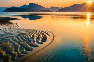 the sun is setting over a beach with waves. AI-Generated photo