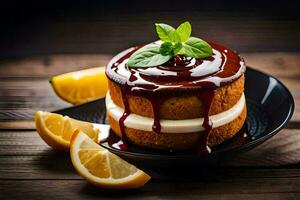 a cake with chocolate sauce and lemon slices. AI-Generated photo