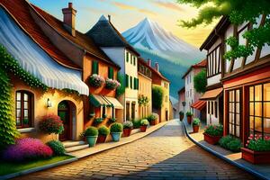 an illustration of a street in the mountains. AI-Generated photo