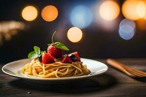 espaguetis con bayas en un lámina. generado por ai foto