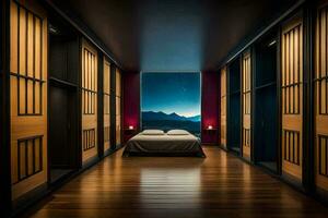 un dormitorio con de madera pisos y un cama. generado por ai foto