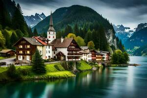 a beautiful mountain village with a lake and mountains. AI-Generated photo