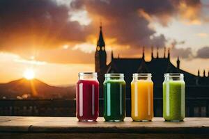 juice in jars on a table with a sunset in the background. AI-Generated photo