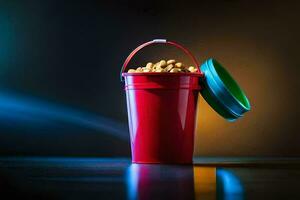 a red bucket with peanuts in it. AI-Generated photo