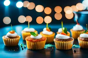 cupcakes with frosting and candles on a table. AI-Generated photo