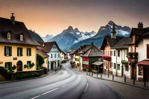 a street in the alps with mountains in the background. AI-Generated photo