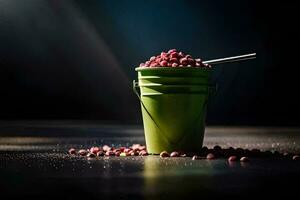 a bucket filled with cranberries on a dark surface. AI-Generated photo