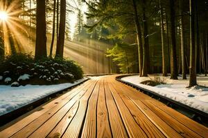 a wooden walkway in the snow with sun shining through. AI-Generated photo