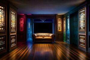 a room with a leather couch and colorful windows. AI-Generated photo