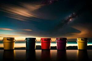 five buckets of paint on a table with a sky in the background. AI-Generated photo