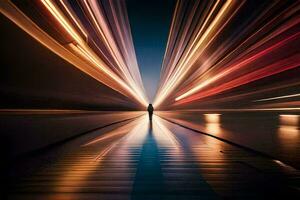 a man standing in the middle of a long tunnel. AI-Generated photo