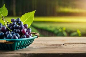 grapes in a basket on a wooden table. AI-Generated photo