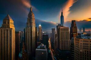 el ciudad horizonte a puesta de sol con nubes en el cielo. generado por ai foto