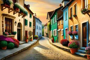 an illustration of a street in a town with flowers. AI-Generated photo