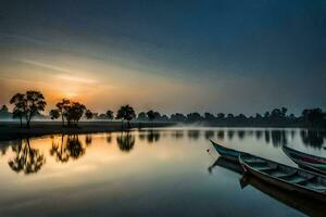 two boats sit on the water at sunrise. AI-Generated photo