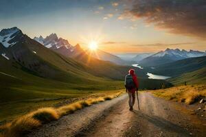 un persona caminando en un la carretera en el montañas. generado por ai foto