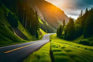 a road in the mountains with trees and grass. AI-Generated photo