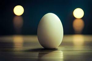 an egg sitting on a table with candles in the background. AI-Generated photo