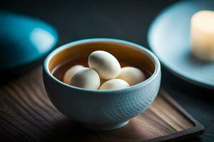 a bowl of eggs on a wooden tray. AI-Generated photo