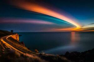 a long exposure photograph of a colorful rainbow over the ocean. AI-Generated photo