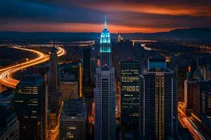 el imperio estado edificio es iluminado arriba a noche. generado por ai foto