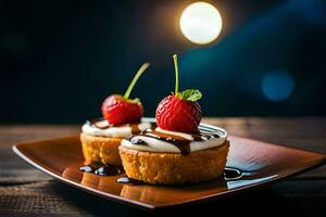 two mini cupcakes with strawberries on a plate. AI-Generated photo
