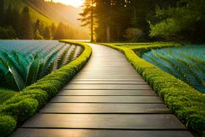 un camino Guías a un jardín con verde plantas. generado por ai foto