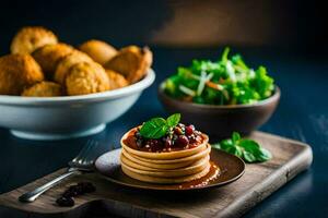 panqueques con tomate salsa y ensalada en un de madera tablero. generado por ai foto