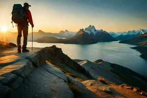 a man with a backpack and hiking poles stands on a mountain overlooking a lake and mountains. AI-Generated photo