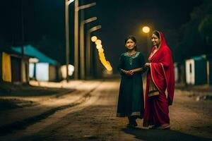 two women in traditional clothing stand on a street at night. AI-Generated photo