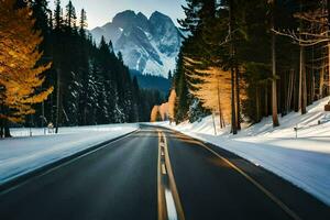 a snowy road in the mountains. AI-Generated photo