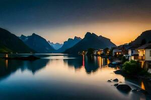 el montañas son iluminado arriba a puesta de sol en Noruega. generado por ai foto