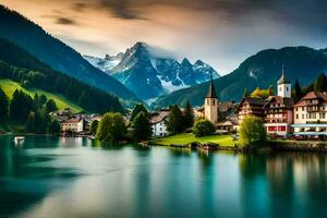 photo wallpaper mountains, the sky, lake, the village, the mountains, the village, the. AI-Generated