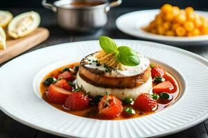 a plate with a dessert and strawberries on it. AI-Generated photo