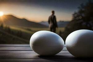 two white eggs on a wooden table with a man in the background. AI-Generated photo
