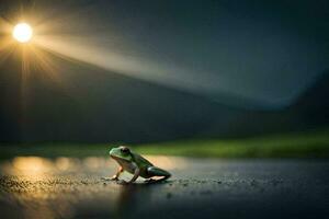 a frog sitting on the ground in front of a bright light. AI-Generated photo