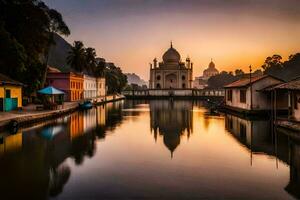 the sun sets over a canal in india. AI-Generated photo