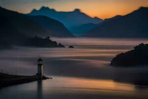 a lighthouse sits on the edge of a lake surrounded by mountains. AI-Generated photo