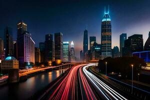 un ciudad horizonte a noche con tráfico luces. generado por ai foto