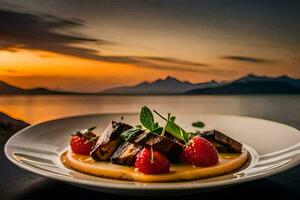 a dessert with strawberries and a view of the mountains. AI-Generated photo