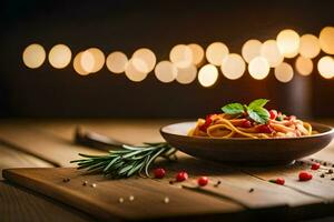 spaghetti with tomato sauce and herbs on a wooden table. AI-Generated photo